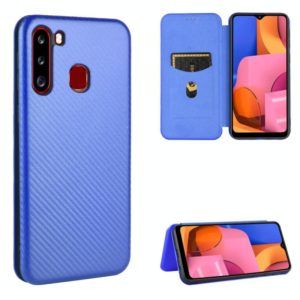 For Samsung Galaxy A21(Eurasian Version) Carbon Fiber Texture Horizontal Flip TPU + PC + PU Leather Case with Rope & Card Slot(Blue) (OEM)