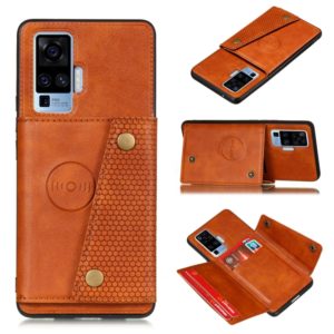 For Vivo X50 Double Buckle PU + TPU Shockproof Magnetic Protective Case with Card Slot & Holder(Light Brown) (OEM)