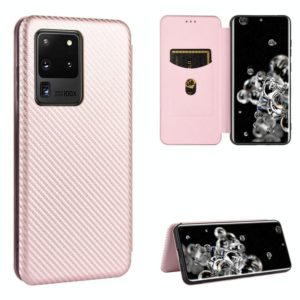 For Samsung Galaxy S20 Ultra Carbon Fiber Texture Horizontal Flip TPU + PC + PU Leather Case with Rope & Card Slot(Pink) (OEM)