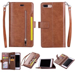 For iPhone 8 Plus & 7 Plus Multifunctional Zipper Horizontal Flip Leather Case with Holder & Wallet & 9 Card Slots & Lanyard(Brown) (OEM)