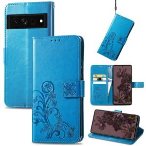 For Google Pixel 7 5G Four-leaf Clasp Embossed Buckle Leather Phone Case(Blue) (OEM)