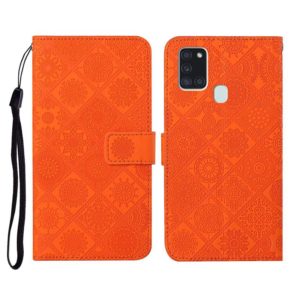 For Samsung Galaxy A21s Ethnic Style Embossed Pattern Horizontal Flip Leather Case with Holder & Card Slots & Wallet & Lanyard(Orange) (OEM)