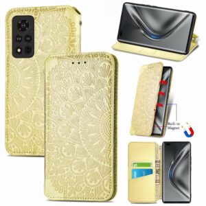 For Honor V40 5G Blooming Mandala Embossed Pattern Magnetic Horizontal Flip Leather Case with Holder & Card Slots & Wallet(Yellow) (OEM)