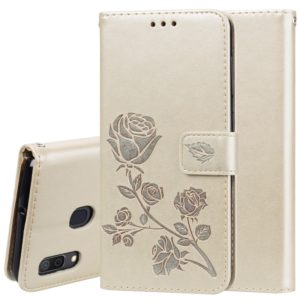Rose Embossed Horizontal Flip PU Leather Case for Galaxy A30 / A20, with Holder & Card Slots & Wallet (Gold) (OEM)