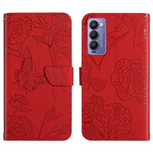 For Tecno Camon 18 P HT03 Skin Feel Butterfly Embossed Flip Leather Phone Case(Red) (OEM)