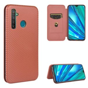 For OPPO Realme 5 / Realme 5s Carbon Fiber Texture Horizontal Flip TPU + PC + PU Leather Case with Card Slot(Brown) (OEM)