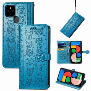 For Google Pixel 5a 5G Lovely Cat and Dog Embossing Pattern Horizontal Flip Leather Case , with Holder & Card Slots & Wallet & Cartoon Clasp & Lanyard(Blue) (OEM)