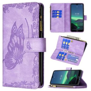 For Nokia 1.4 Flying Butterfly Embossing Pattern Zipper Horizontal Flip Leather Case with Holder & Card Slots & Wallet(Purple) (OEM)
