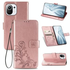 For Xiaomi Mi 11 Four-leaf Clasp Embossed Buckle Mobile Phone Protection Leather Case with Lanyard & Card Slot & Wallet & Bracket Function(Rose Gold) (OEM)