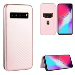 For Samsung Galaxy S10 5G Carbon Fiber Texture Horizontal Flip TPU + PC + PU Leather Case with Rope & Card Slot(Pink) (OEM)