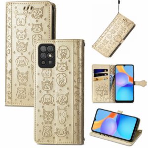 For Honor Play 5T Youth Cat and Dog Embossed Horizontal Flip Phone Leather Case with Holder & Card Slot & Wallet & Lanyard(Gold) (OEM)