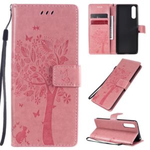 For Sony Xperia 10 II Tree & Cat Embossed Pattern Horizontal Flip Leather Case with Holder & Card Slots & Wallet & Lanyard(Pink) (OEM)
