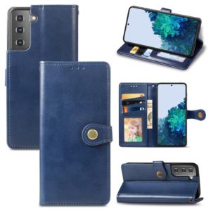 For Samsung Galaxy S21 5G Retro Solid Color Leather Buckle Phone Case with Lanyard & Photo Frame & Card Slot & Wallet & Stand Function(Blue) (OEM)