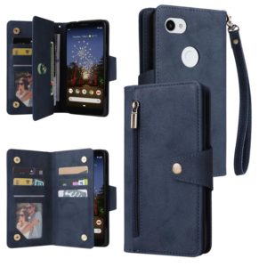 For Google Pixel 3A XL Rivet Buckle 9 Cards Three Fold Leather Phone Case(Blue) (OEM)