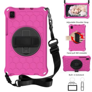 For Samsung Galaxy Tab A7 Lite 8.7 2021 T220 / T225 360 Degree Rotation Honeycomb Shockproof Silicone PC Protective Case with Holder & Shoulder Strap & Hand Strap(Rose Red Black) (OEM)