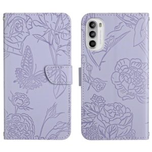For Motorola Moto G52 Skin Feel Butterfly Peony Embossed Leather Phone Case(Purple) (OEM)