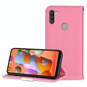 For Galaxy A11 Litchi Texture Solid Color Horizontal Flip Leather Case with Bracket & Card Slots & Wallet & Lanyard(Pink) (OEM)