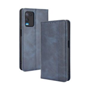 For OPPO A54 4G Magnetic Buckle Retro Crazy Horse Texture Horizontal Flip Leather Case with Holder & Card Slots & Photo Frame(Blue) (OEM)