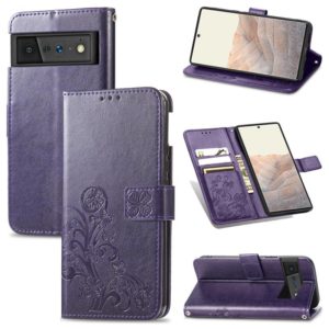 For Google Pixel 6 Four-leaf Clasp Embossed Leather Case with Lanyard & Card Slot & Wallet & Holder(Purple) (OEM)