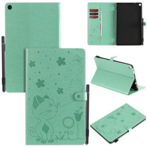 For Amazon Kindle Fire HD 10 (2015) / (2017) Cat Bee Embossing Pattern Shockproof Table PC Protective Horizontal Flip Leather Case with Card Slots & Wallet & Pen Slot & Sleep / Wake-up Function(Green) (OEM)