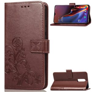 Lucky Clover Pressed Flowers Pattern Leather Case for OnePlus 6T, with Holder & Card Slots & Wallet & Hand Strap (Brown) (OEM)