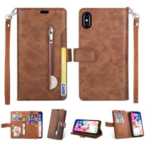 For iPhone X / XS Multifunctional Zipper Horizontal Flip Leather Case with Holder & Wallet & 9 Card Slots & Lanyard(Brown) (OEM)