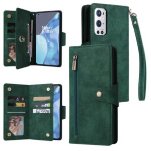 For OnePlus 9 Pro Rivet Buckle 9 Cards Three Fold Leather Phone Case(Green) (OEM)