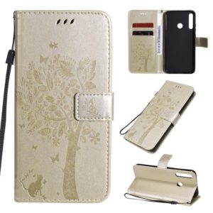 For Huawei P40 Lite E Tree & Cat Embossed Pattern Horizontal Flip Leather Case with Holder & Card Slots & Wallet & Lanyard(Gold) (OEM)
