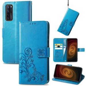 For ZTE AXON 20 5G Four-leaf Clasp Embossed Buckle Mobile Phone Protection Leather Case with Lanyard & Card Slot & Wallet & Bracket Function(Blue) (OEM)