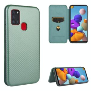 For Samsung Galaxy A21s Carbon Fiber Texture Horizontal Flip TPU + PC + PU Leather Case with Card Slot(Green) (OEM)