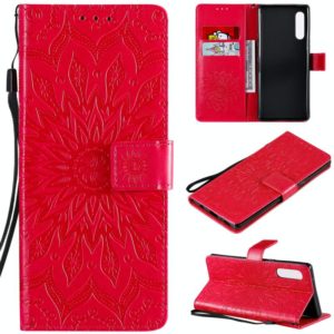 For LG G9 Pressed Printing Sunflower Pattern Horizontal Flip PU Leather Case Holder & Card Slots & Wallet & Lanyard(Red) (OEM)
