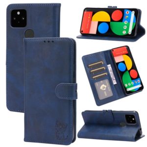 For Google Pixel 5 XL Embossed Happy Cat Pattern Horizontal Flip Leather Case with Holder & Card Slots & Wallet(Blue) (OEM)