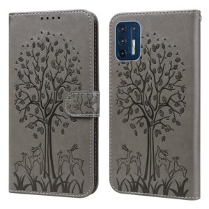 For Motorola Moto G9 Plus Tree & Deer Pattern Pressed Printing Horizontal Flip Leather Phone Case(Grey) (OEM)