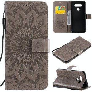 For LG K51 Pressed Printing Sunflower Pattern Horizontal Flip PU Leather Case Holder & Card Slots & Wallet & Lanyard(Grey) (OEM)