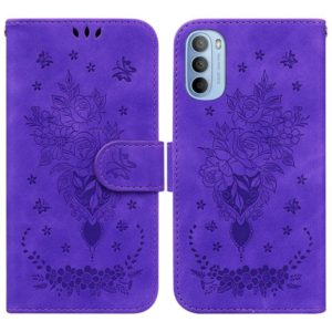 For Motorola Moto G51 Butterfly Rose Embossed Leather Phone Case(Purple) (OEM)