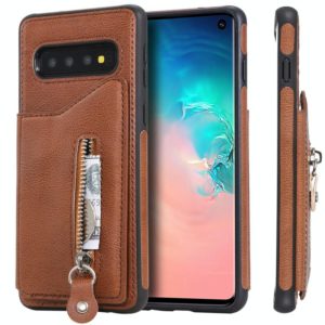 For Galaxy S10 Solid Color Double Buckle Zipper Shockproof Protective Case(Brown) (OEM)