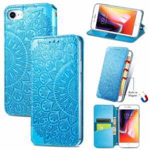 For iPhone SE 2022 / SE 2020 / 8 / 7 Blooming Mandala Embossed Pattern Magnetic Horizontal Flip Leather Case with Holder & Card Slots & Wallet(Blue) (OEM)