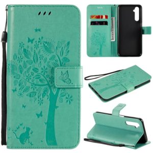 For OPPO Realme 6 Tree & Cat Embossed Pattern Horizontal Flip Leather Case with Holder & Card Slots & Wallet & Lanyard(Green) (OEM)