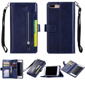 For iPhone 8 Plus & 7 Plus Multifunctional Zipper Horizontal Flip Leather Case with Holder & Wallet & 9 Card Slots & Lanyard(Blue) (OEM)