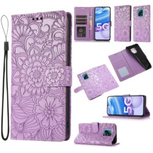 For Xiaomi Redmi 10X 5G Skin Feel Embossed Sunflower Horizontal Flip Leather Case with Holder & Card Slots & Wallet & Lanyard(Purple) (OEM)