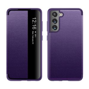 For Samsung Galaxy S21 FE Shockproof Horizontal Flip Plain Leather Phone Case(Purple) (OEM)