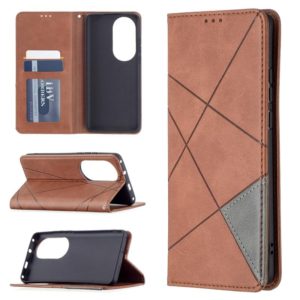For Huawei P50 Pro Rhombus Texture Horizontal Flip Magnetic Leather Case with Holder & Card Slots(Brown) (OEM)