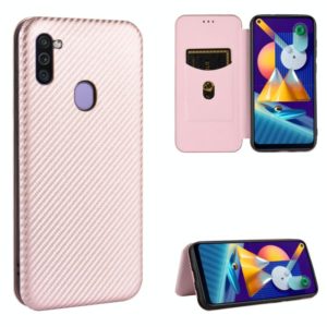 For Samsung Galaxy M11 Carbon Fiber Texture Horizontal Flip TPU + PC + PU Leather Case with Rope & Card Slot(Pink) (OEM)