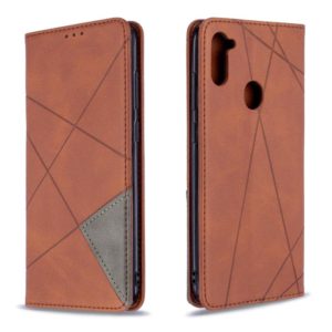 For Galaxy A11 Rhombus Texture Horizontal Flip Magnetic Leather Case with Holder & Card Slots & Wallet(Brown) (OEM)