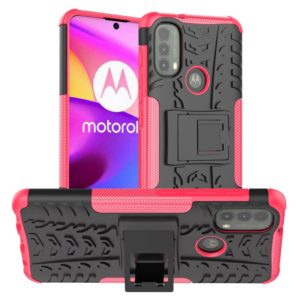 For Motorola Moto E40 Tire Texture TPU + PC Phone Case with Holder(Pink) (OEM)