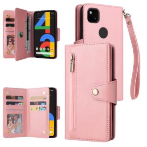 For Google Pixel 4A 4G Rivet Buckle 9 Cards Three Fold Leather Phone Case(Rose Gold) (OEM)