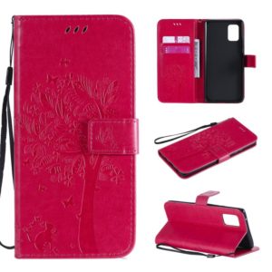 For Samsung Galaxy A71 5G Tree & Cat Embossed Pattern Horizontal Flip Leather Case with Holder & Card Slots & Wallet & Lanyard(Rose Red) (OEM)