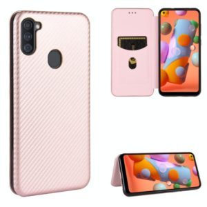 For Samsung Galaxy A11(EU Version) Carbon Fiber Texture Horizontal Flip TPU + PC + PU Leather Case with Rope & Card Slot(Pink) (OEM)