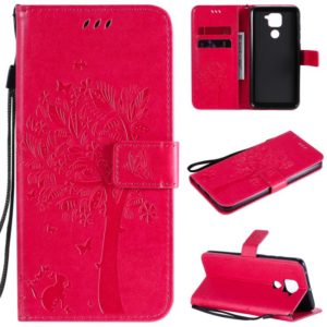 For Xiaomi Redmi Note 9 Tree & Cat Embossed Pattern Horizontal Flip Leather Case with Holder & Card Slots & Wallet & Lanyard(Rose Red) (OEM)