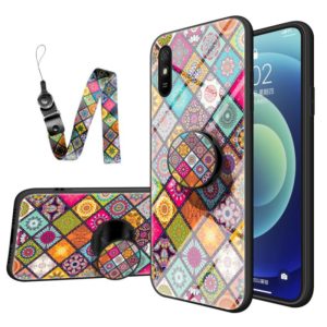 For Xiaomi Redmi 9A Painted Ethnic Pattern Tempered Glass TPU Shockproof Case with Folding Magnetic Holder & Neck Strap(Colorful) (OEM)